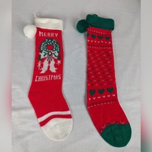 Vintage Christmas Stocking Socks Green Red Hearts Wreath Fold Over Pom Poms - 2